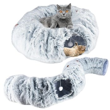 2-in-1 Cat Tunnel Bed XL, Collapsible Plush Play House for Indoor Cats