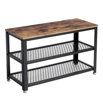 Industrial Shoe Rack Bench with Padded Seat for Entryway, Rustic Brown