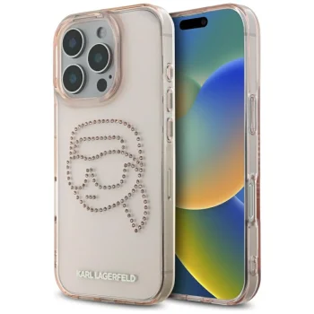 Karl Lagerfeld IML Rhinestones Karl Head Case for iPhone 16 Pro, Pink