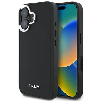 DKNY iPhone 16 Case Plain Silver Logo MagSafe, Black