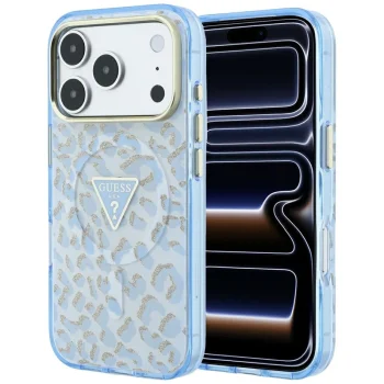 Guess IML Leopard Glitter Triangle Logo MagSafe Case for iPhone 17 / 18 Pro Max - Blue