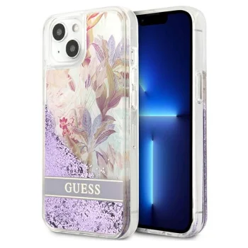 Apple iPhone 13 mini 5.4'' Guess Flower Liquid Glitter Case Cover (GUHCP13SLFLSU), Purple