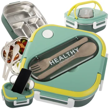 Lunch Box with Compartments and Cutlery, Green, 1000ml