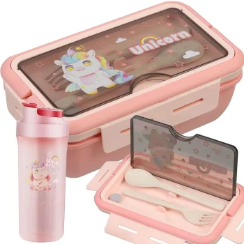 Kids Lunchbox and Water Bottle Set with Cutlery, Pink