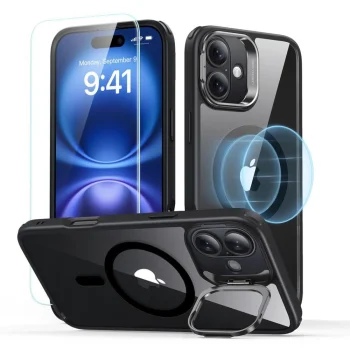 ESR Classic Hybrid Kickstand HaloLock MagSafe Case and Tempered Glass for iPhone 16, Black