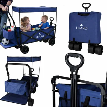 Ikonka LUARO KX2841 Folding Beach Cart with Canopy and Net, 120L, Navy Blue