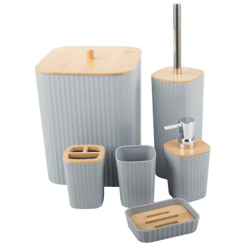 Bathroom Accessory Set, 6 Pieces, Grey/Bamboo
