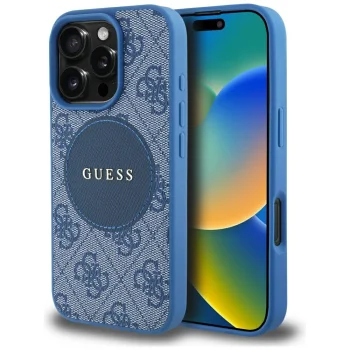 Guess 4G Circle Classic Logo MagSafe dėklas telefonui iPhone 16 Pro, mėlynas