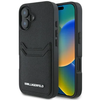 Karl Lagerfeld dėklas iPhone 16 HC Grained PU Cardslot Metal Elong, juodas
