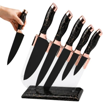Kitchen Knife Set with Stand, 5 Knives, Black Marble