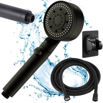 Shower Set: 5-Function Shower Head, 150cm Hose, Holder, Black