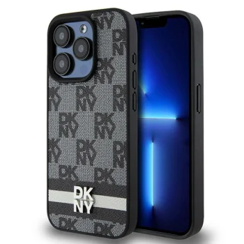 DKNY dėklas iPhone 15 Pro Max telefonui Leather Checkered Mono Pattern, juodas