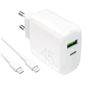 Puro Daily Prolite 45W USB-C & USB-A Power Delivery Charger with USB-C Cable, White