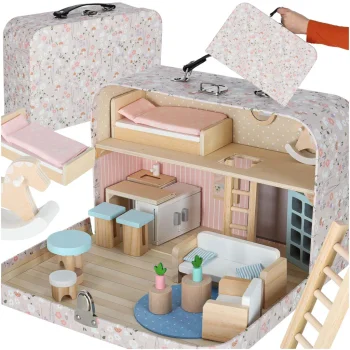 Dollhouse in a Suitcase with Wooden Furniture, 25 pcs, Pink