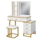 Dressing Table with LED Mirror, Cabinet and Stool, White with Gold Accents