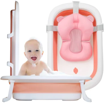 Nicekids Foldable Baby Bathtub with Cushion, Pink