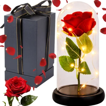 Eternal Rose in Glass Dome with LED Light, Red