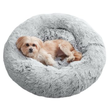 Plush Donut Calming Dog Bed for Small Dogs and Cats 50 cm, Light Grey