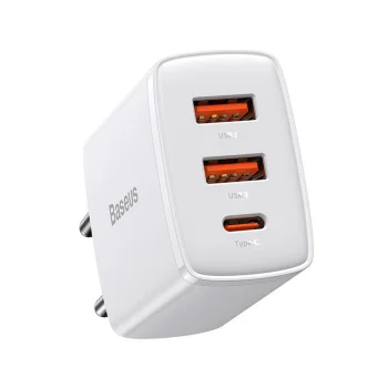 Baseus Compact 2xUSB + Type C Portable Wall Charger Adapter 30W, White