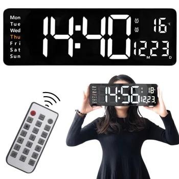 Large Digital LED Wall Clock with Remote, Temperature and Alarm, Black