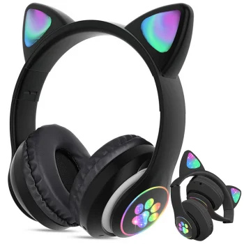Wireless Bluetooth Cat Ear Headphones with LED RGB, FM Radio, MicroSD, Black