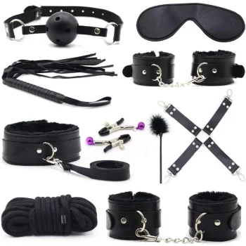 10-Piece BDSM Bondage Set with Handcuffs and Whip