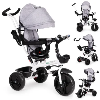 Ecotoys JM-322 Kids Tricycle with 360° Swivel Seat and Canopy, Grey