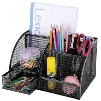 Black Metal Mesh Desk Organizer with Drawer, 6 Compartments