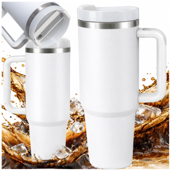 Large Insulated Tumbler with Handle and Straw 1.2L, White