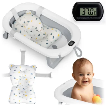 Sulankstoma kūdikių vonelė Ricokids RK-287 su termometru ir įdėklu, balta / pilka