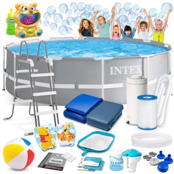 INTEX 26716 Frame Swimming Pool Set 366 x 99 cm, 18-in-1 Bundle, Grey