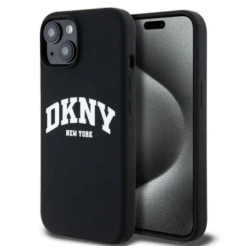 DKNY iPhone 14 Case Liquid Silicone White Printed Logo MagSafe, Black