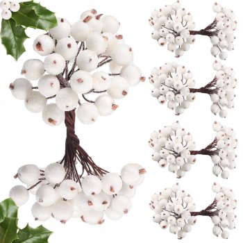 Frosted Rowan White Christmas Decoration, 5 Bouquets, 200 Balls, Shiny Frost Effect
