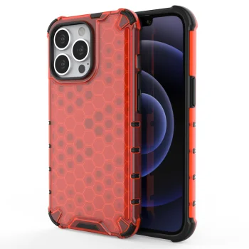 Hibridinis dėklas iPhone 13 Pro su korių raštu ir TPU rėmeliu, raudonas