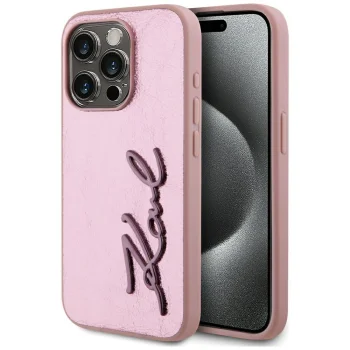 Karl Lagerfeld iPhone 15 Pro Max Case Wrinkled Metal Signature, Pink