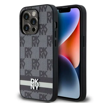 DKNY iPhone 14 Pro Case Leather Checkered Mono Pattern, Black