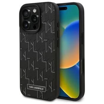 Karl Lagerfeld iPhone 16 Pro Case Leather Monogram Metal Logo MagSafe, Black