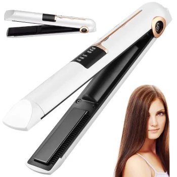 Wireless Ceramic Hair Straightener 2in1 with LCD and Power Bank Function, White