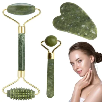 Set of Jade Rollers for Face and Neck Anti Ageing Massager and Gua Sha