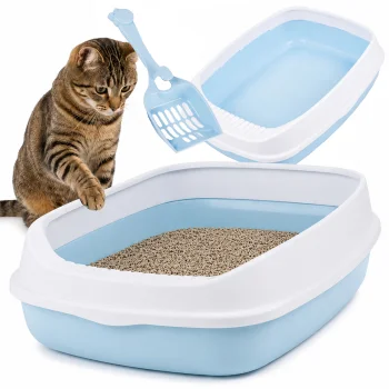 Open Cat Litter Box with Frame and Scoop, 45x34x12 cm, Blue