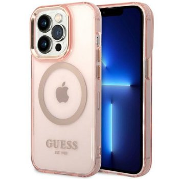 Apple iPhone 14 Pro Max 6.7'' Guess Gold Outline Translucent MagSafe Case Cover (GUHMP14XHTCMP), Pink
