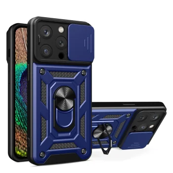 Dėklas iPhone 15 Pro Hybrid Armor Camshield su kameros dangteliu ir stovu, mėlynas
