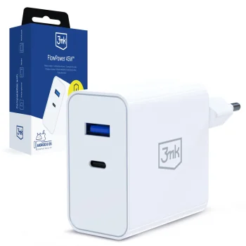 3Mk Protection FlowPower 45W Wall Charger, USB-A / USB-C, White