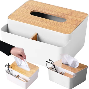 Tissue Box with Organizer and Bamboo Lid