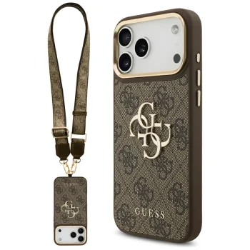 Guess 4G Big 4G Classic Logo Case with Strap for iPhone 17 Pro Max, Brown