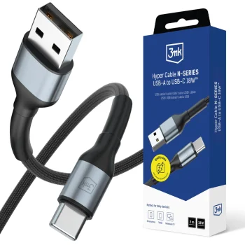 3mk Hyper Cable N-SERIES USB-A to USB-C Cable 2m 18W, Black