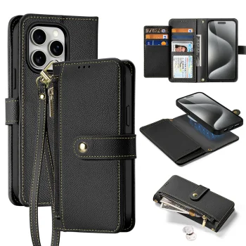Dux Ducis Lawa Leather Wallet Case for iPhone 15 Pro Max, Black