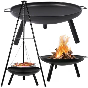 Garden Fire Pit with Tripod Stand and Grill Grate, 58 cm