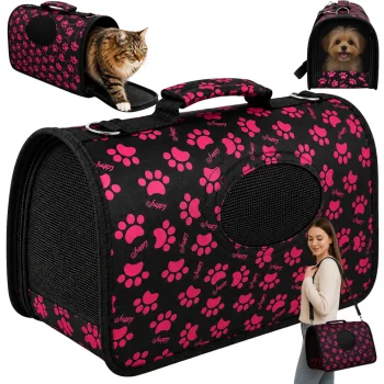 Size M Pet Carrier Bag for Dogs and Cats, 37x23x18 cm, Black with Pink Paws