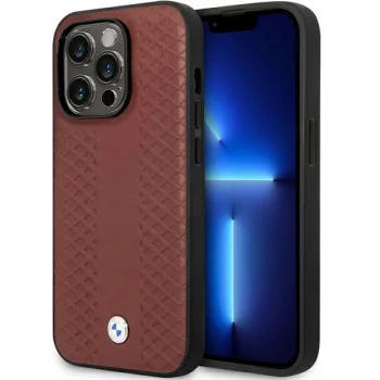BMW Leather Diamond Pattern Case for iPhone 14 Pro Max, Burgundy